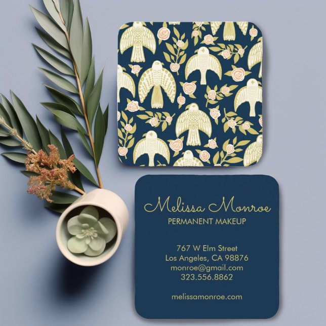 Falcons & Roses Elegant Boho Navy Square Business Card (Creator Uploaded)