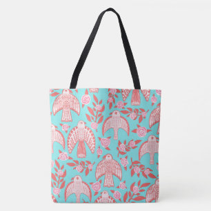 Falcons & Roses Elegant Illustrated Blue Pink Tote Bag