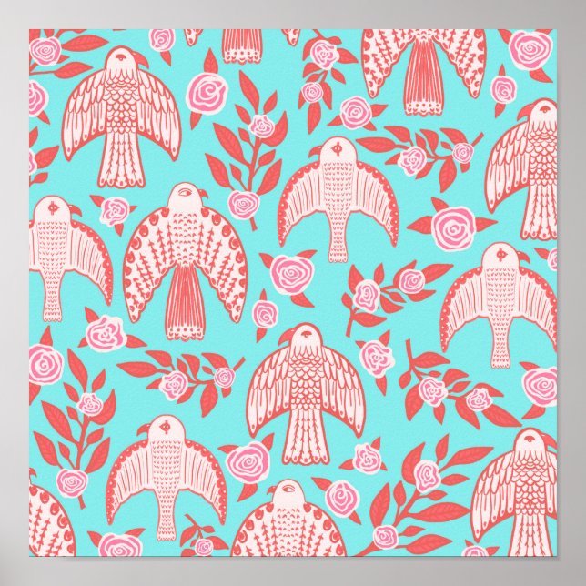 Falcons & Roses Pattern Blue Pink Poster (Front)