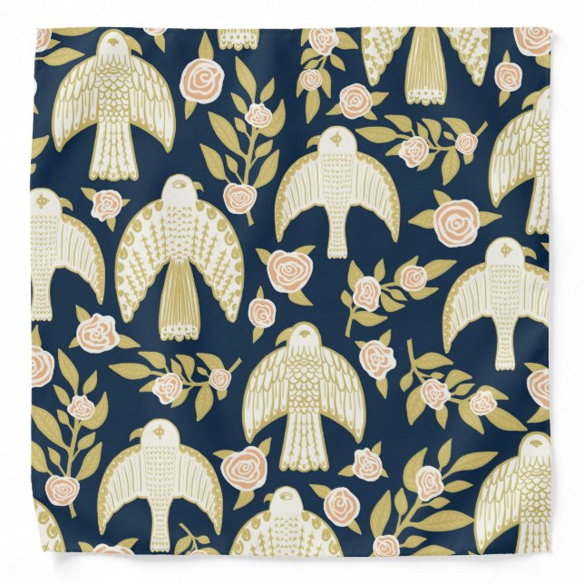 Falcons & Roses Pattern Gold Navy Bandana (Front)