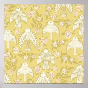 Falcons & Roses Pattern Gold Poster