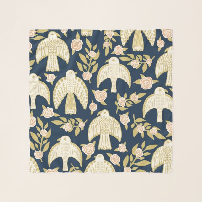 Falcons & Roses Pattern Navy Scarf (Front)