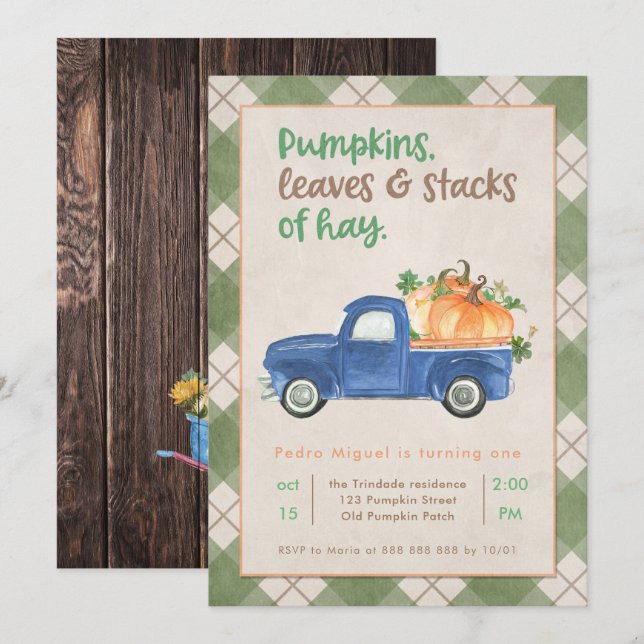 Fall 1st Birthday Party Pumpkin Truck Boy Rustic Invitation (Front/Back)