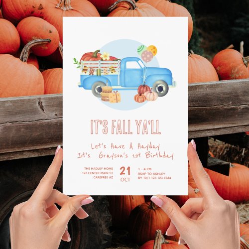 Fall 1st Birthday Pumpkin Blue Truck Invitation