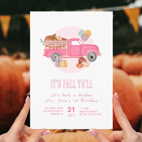 Fall 1st Birthday Pumpkin Pink Truck Invitation