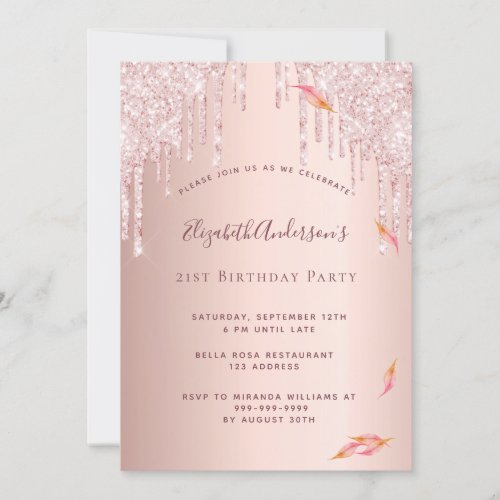 Fall 21st birthday party rose gold glitter drips invitation