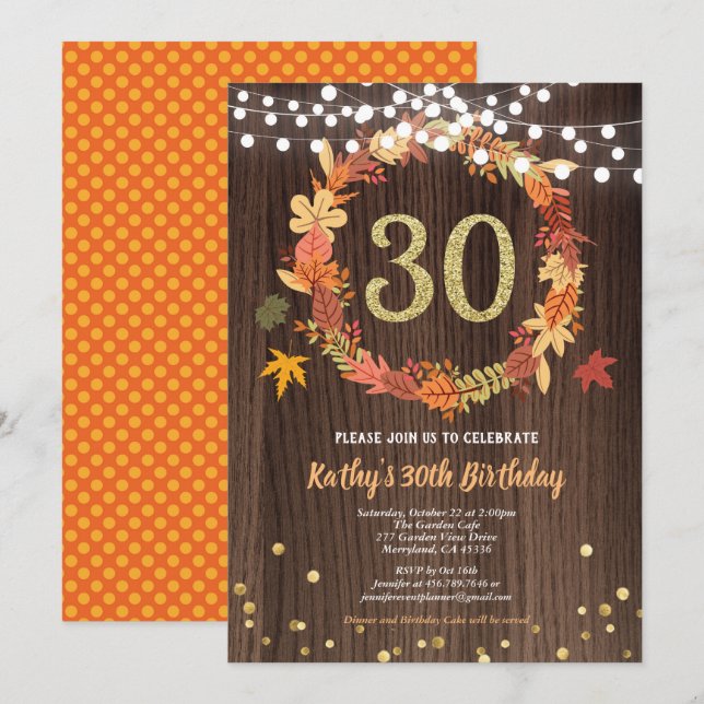 Fall 30th birthday rustic wood Thanksgiving wreath Invitation (Front/Back)