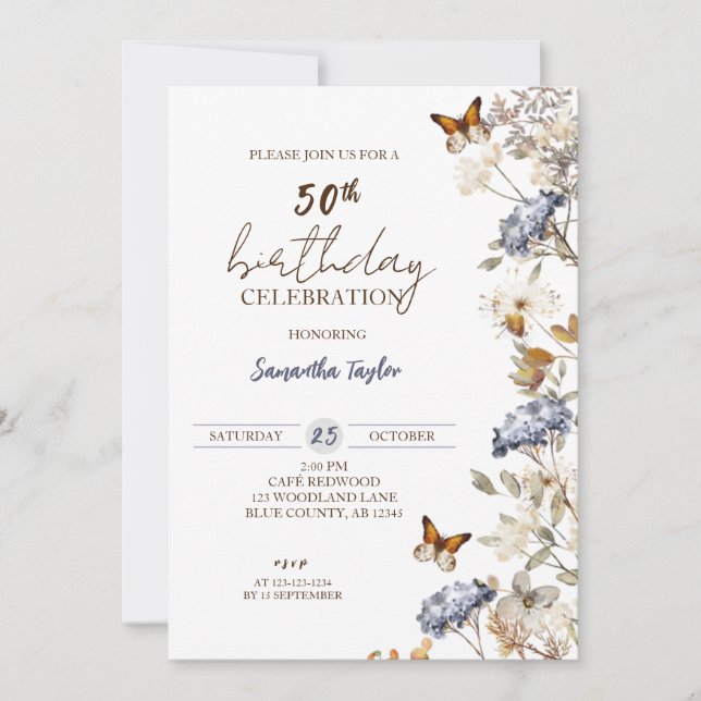 Fall 50th Birthday, Floral Birthday Invitation (Front)