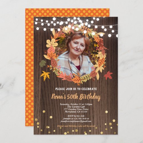 Fall 50th birthday photo invite wreath wood