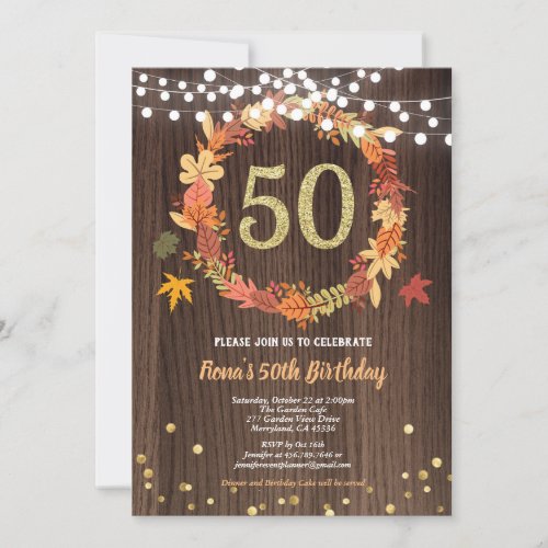Fall 50th birthday thanksgiving wreath wood gold invitation