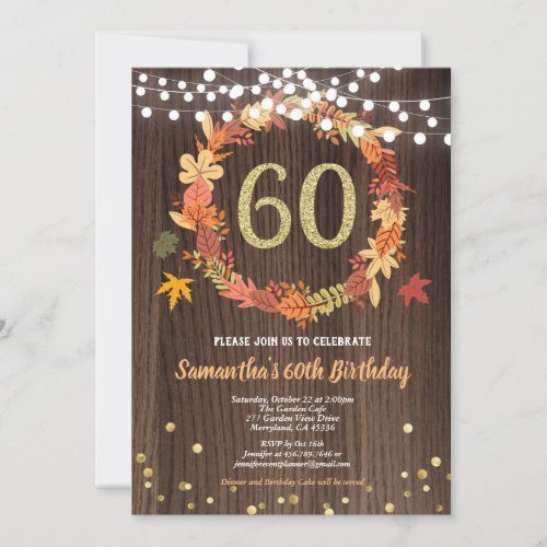 Fall 60th birthday thanksgiving wreath wood gold invitation