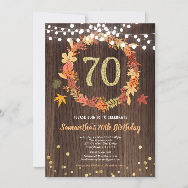 Fall 70th birthday thanksgiving wreath wood gold invitation (Front)
