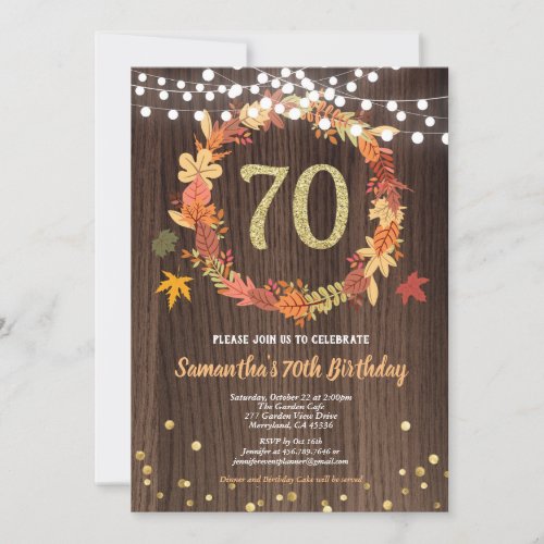 Fall 70th birthday thanksgiving wreath wood gold invitation