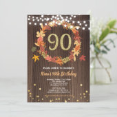 Fall 90th birthday thanksgiving wreath wood gold invitation (Standing Front)