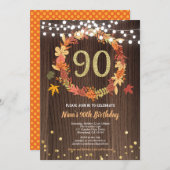 Fall 90th birthday thanksgiving wreath wood gold invitation (Front/Back)