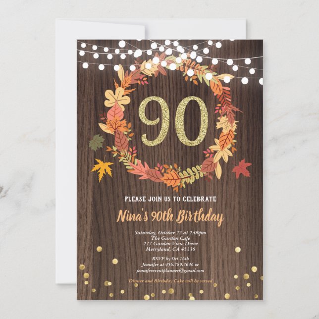 Fall 90th birthday thanksgiving wreath wood gold invitation (Front)