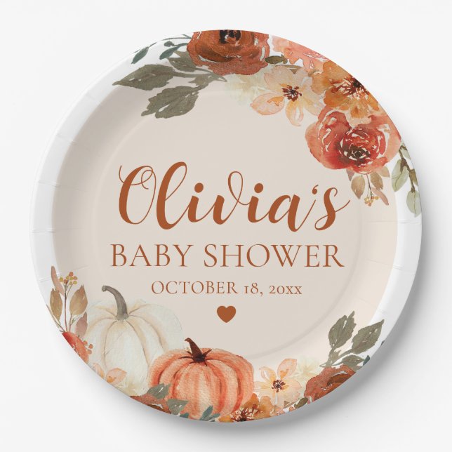 Fall A Little Pumpkin Autumn Floral Baby Shower Paper Plates (Front)