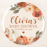 Fall A Little Pumpkin Autumn Floral Baby Shower Round Paper Coaster<br><div class="desc">Fall A Little Pumpkin Autumn Floral Baby Shower Round Paper Coaster</div>