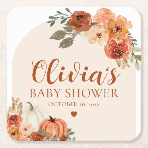 Fall A Little Pumpkin Autumn Floral Baby Shower Square Paper Coaster