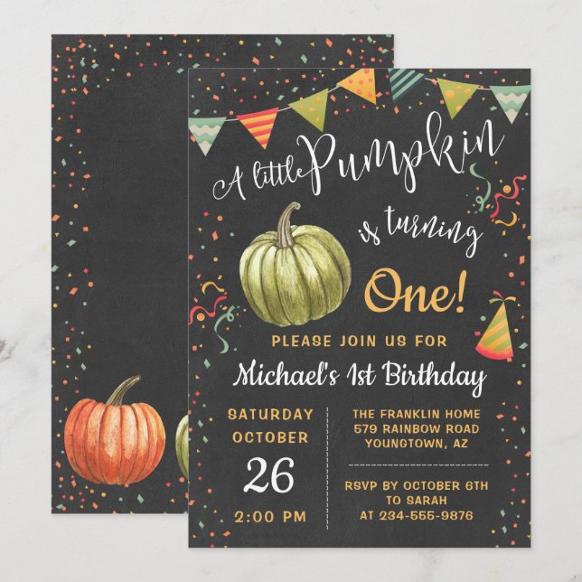 Fall A Little Pumpkin Chalkboard Autumn Birthday Invitation (Front/Back)