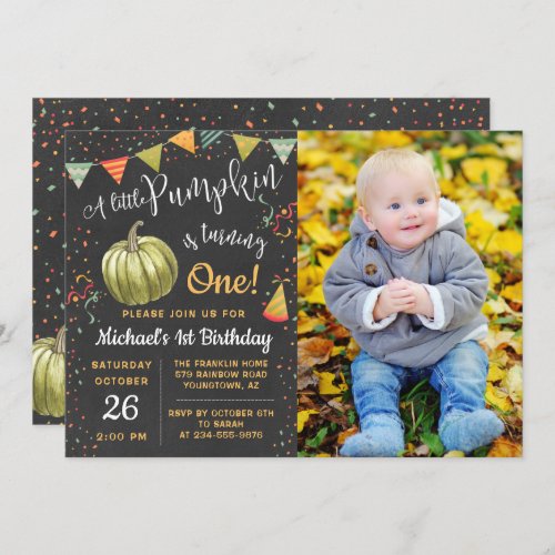 Fall A Little Pumpkin Chalkboard Birthday Photo Invitation