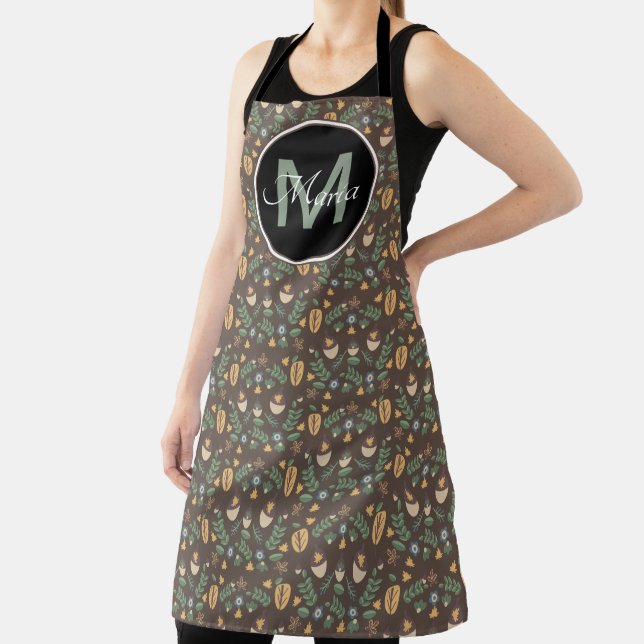Fall Acorn and Greenery Ditsy Pattern Monogram Apron (Insitu)