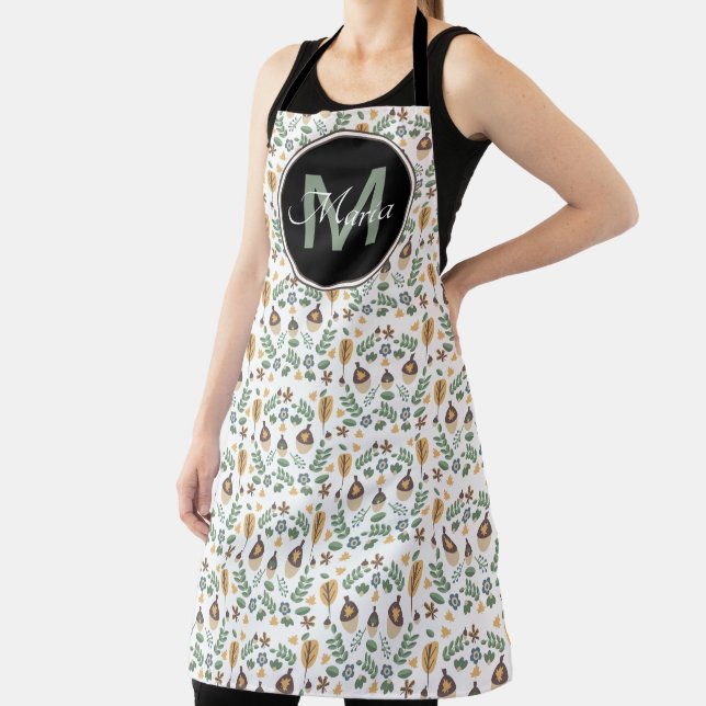 Fall Acorn and Greenery Ditsy Pattern Monogram Apron (Insitu)