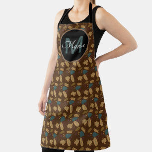 Fall Acorn and Leaves Burgandy Pattern Monogram Apron