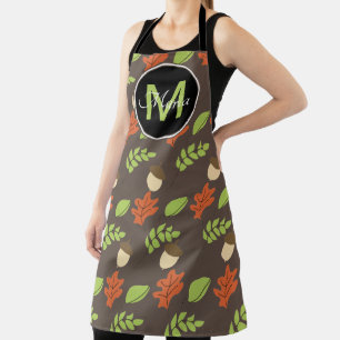Fall Acorn and Leaves Hand Drawn Pattern Monogram Apron
