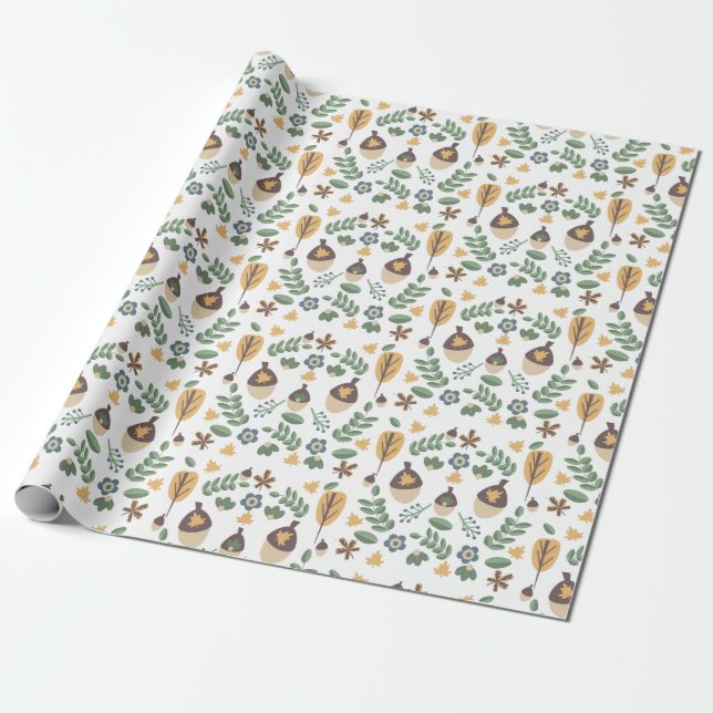 Fall Acorns Floral Greenery Wrapping Paper (Unrolled)