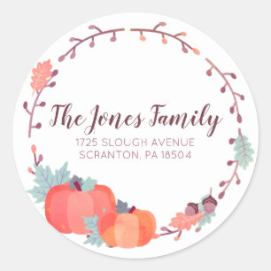 Fall address labels, pumpkin, harvest classic round sticker