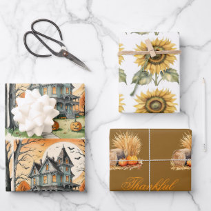 Fall All Occasions, Autumn Sunflower, Fall Pumpkin Wrapping Paper Sheets
