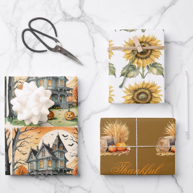Fall All Occasions, Autumn Sunflower, Fall Pumpkin Wrapping Paper Sheets (Front)