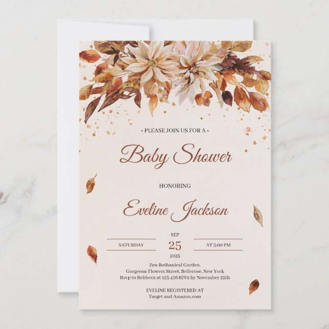 Fall and Autumn flowers and leaves Baby Shower Invitation (Front)