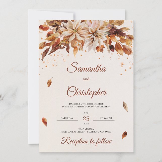 Fall and Autumn flowers and leaves wedding Invitation (Front)