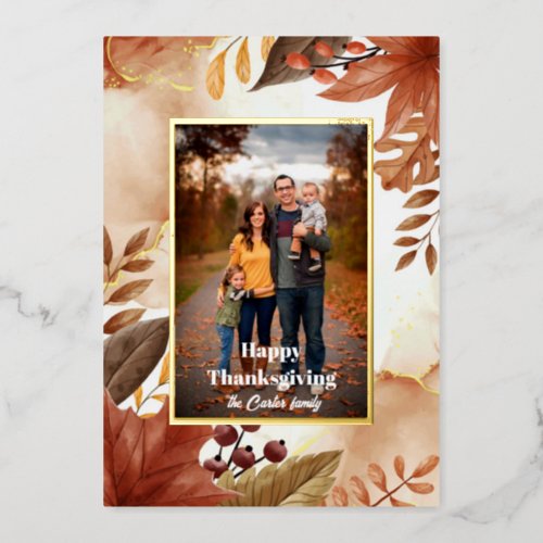 Fall and autumn flowers copper terracotta rusty foil holiday card