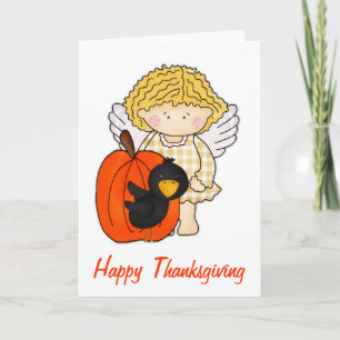 Fall Angel with Pumpkin & Crow Thanksgiving Card