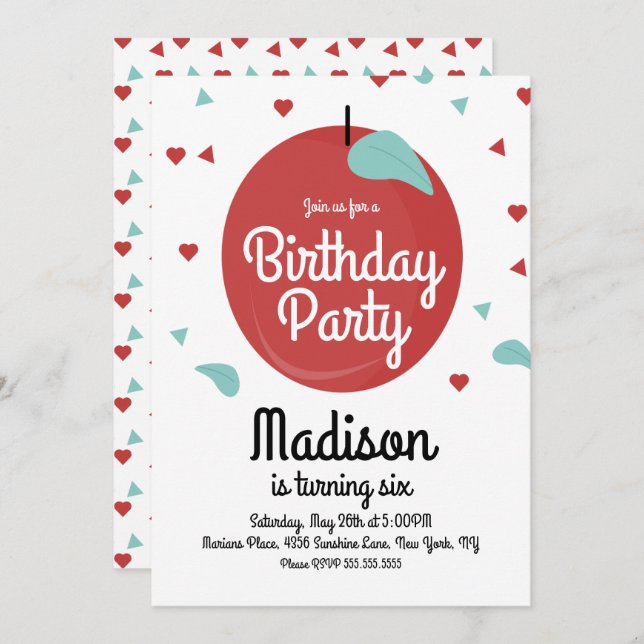 Fall Apple Confetti Hearts Birthday Invitation (Front/Back)