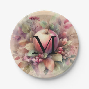 Fall apples in pastel colors watercolor painting paper plates
