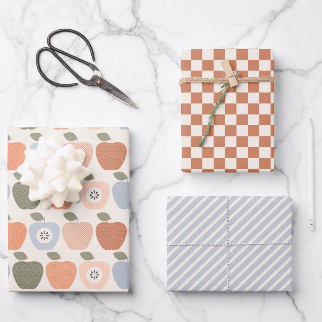 Fall Apples with Checks and Stripes Wrapping Paper Sheets (Front)