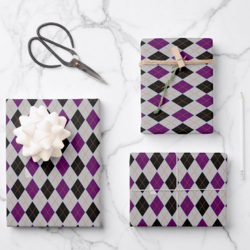 Fall Argyle Black Purple Pattern Wrapping Paper Sheets