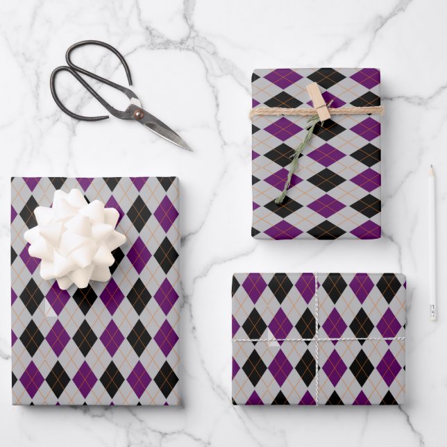 Fall Argyle Black Purple Pattern Wrapping Paper Sheets (Front)