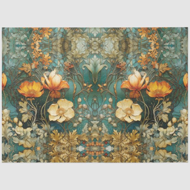 Fall Art Nouveau Floral Teal Ephemera Decoupage Tissue Paper (Front)