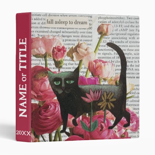 Fall Asleep to Dream Black Cat Hot Pink Flowers 3 Ring Binder