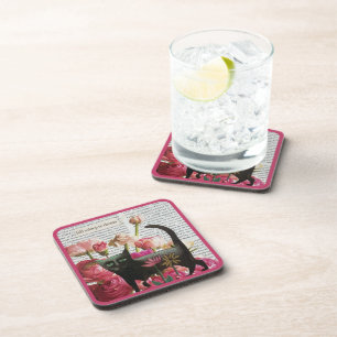 Fall Asleep to Dream Black Cat Hot Pink Flowers Beverage Coaster