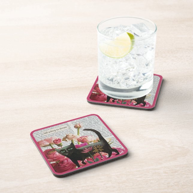 Fall Asleep to Dream Black Cat Hot Pink Flowers Beverage Coaster (Right Side)