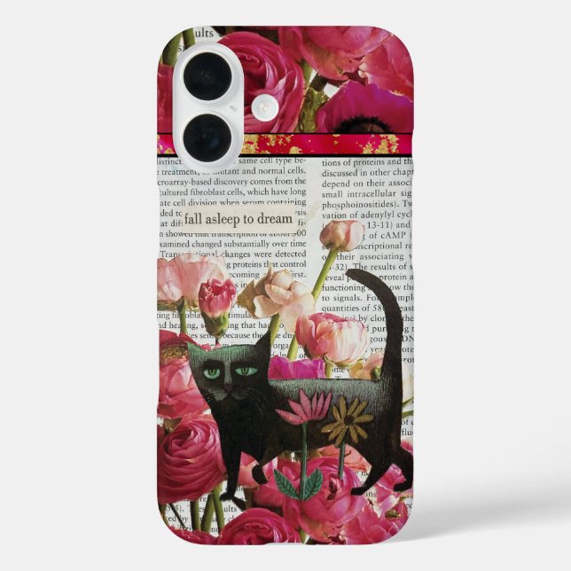 Fall Asleep to Dream Black Cat Hot Pink Flowers Case-Mate iPhone Case (Back)