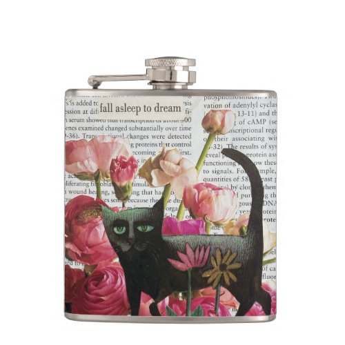 Fall Asleep to Dream Black Cat Hot Pink Flowers Flask