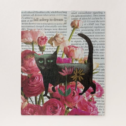 Fall Asleep to Dream Black Cat Hot Pink Flowers Jigsaw Puzzle