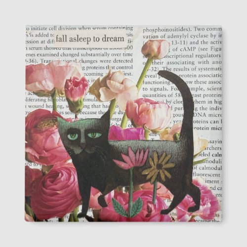 Fall Asleep to Dream Black Cat Hot Pink Flowers Magnet